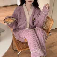 2 Sets Womens V Neck Thickened Warm Loungewear Set