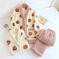 4 Sets Womens Cute Strawberry Warm Fluffy Pajama Set