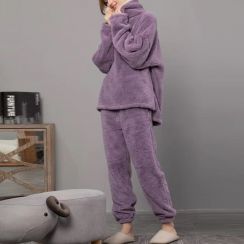 3 Sets Winter Solid Color Casual Flannel Pajama Set