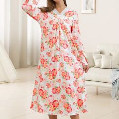 2Pcs Fall and Winter Fashion Peony Printed Nightgown