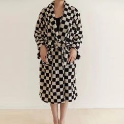 Black Checkered Terry Warm Cotton Bathrobe