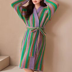 3Pcs Vintage Stripe Print Home Knit Bathrobe