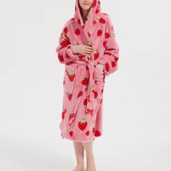 2Pcs Winter Fleece Strawberry Hooded Robe